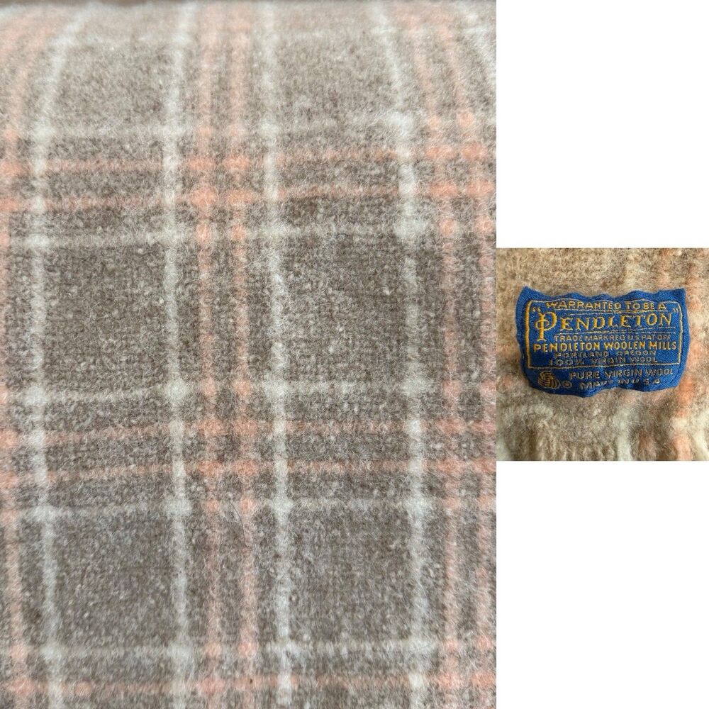 Pendleton Plaid Wool Blanket Throw in Taupe, Pink & Ivory
